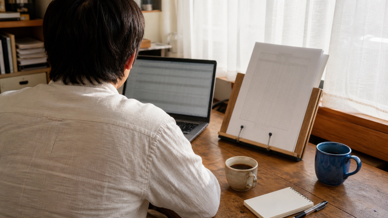 古いマクロ入りExcel帳票と、その隣で新しい仕組みへ移し替えていくノートPCの真俯瞰の机上写真